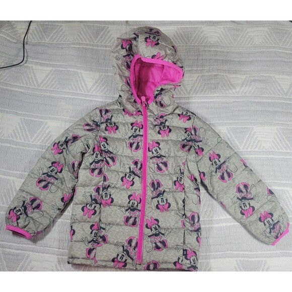 Baby Gap Disney Minnie Mouse Puffer Jacket Toddler Girls Size 5 Years Grey Pink - Picture 1 of 7